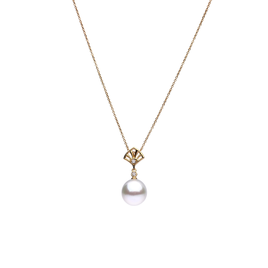 Autore Geo Fan Pendant with Australian South Sea Pearl White Diamond set in 18kt yellow gold