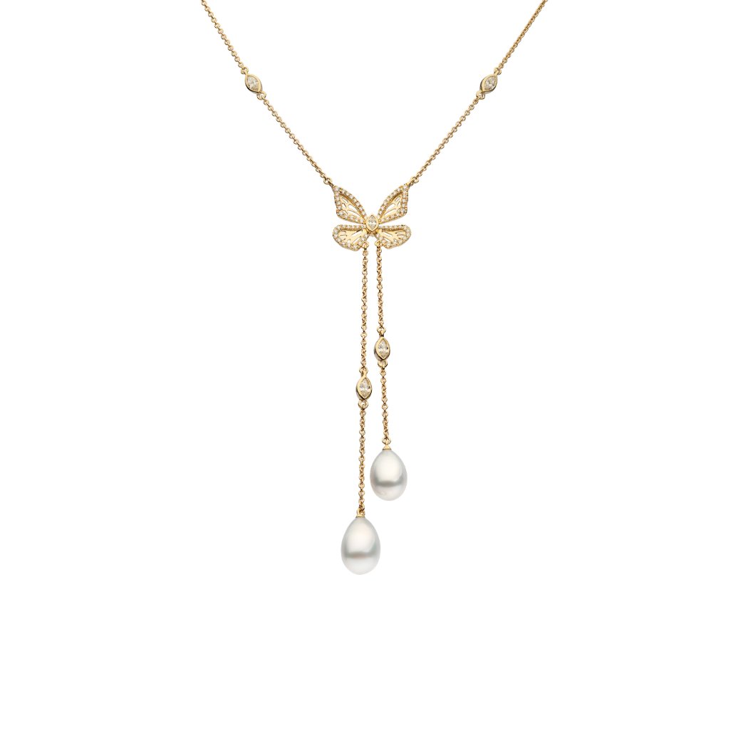 Autore Papillion Lariat Necklace featuring Australian South Sea Pearls and White Diamonds on 18kt yellow gold