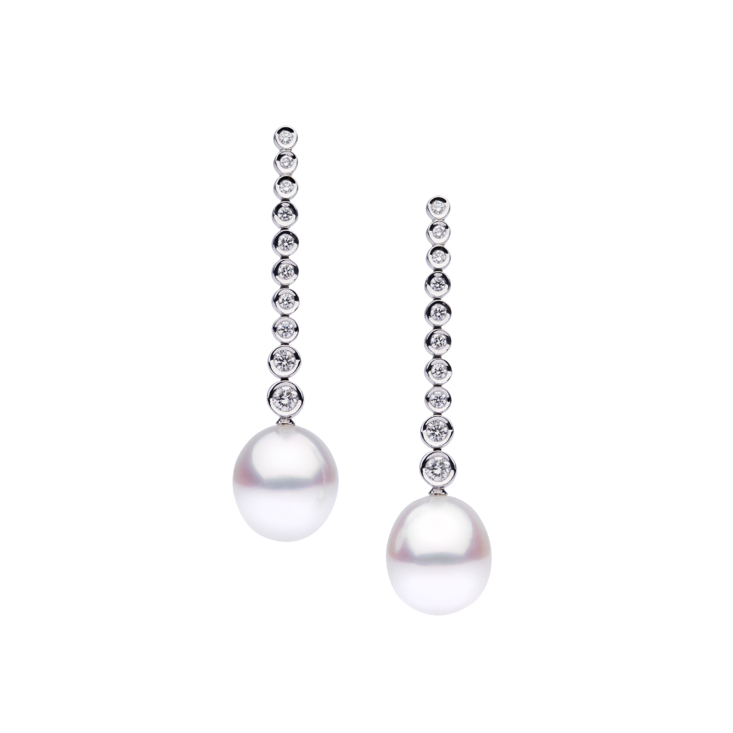 Autore Bezel Drop Earring featuring white diamonds and Australian South Sea Pearls in 18kt white gold