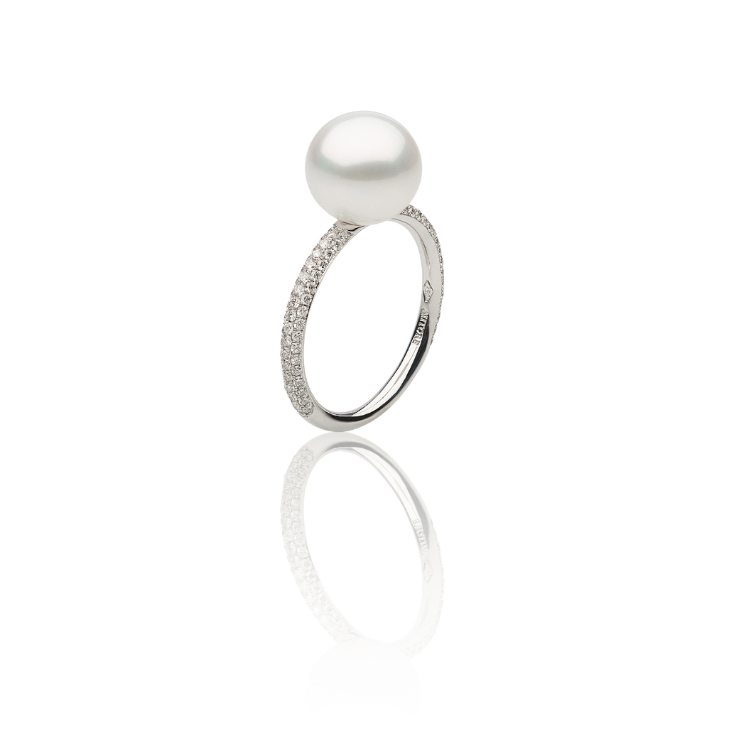 Autore Three Row Eternity Diamond Pave ring with an Australian South Sea Pearl on 18kt white gold