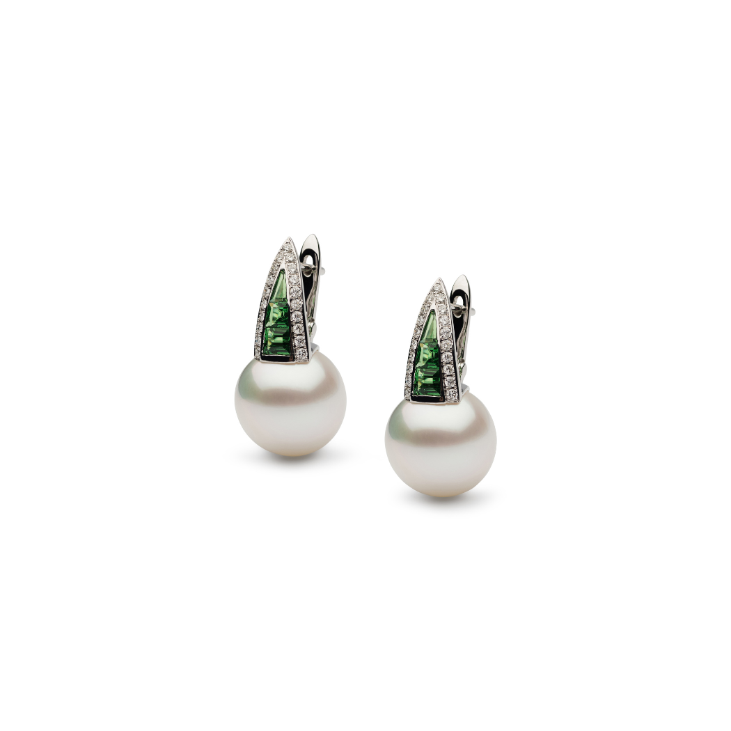 Autore Deco Earrings featuring Tsavorites, white diamonds and Australian South Sea Pearls on 18kt White Gold hugggie hoop earring