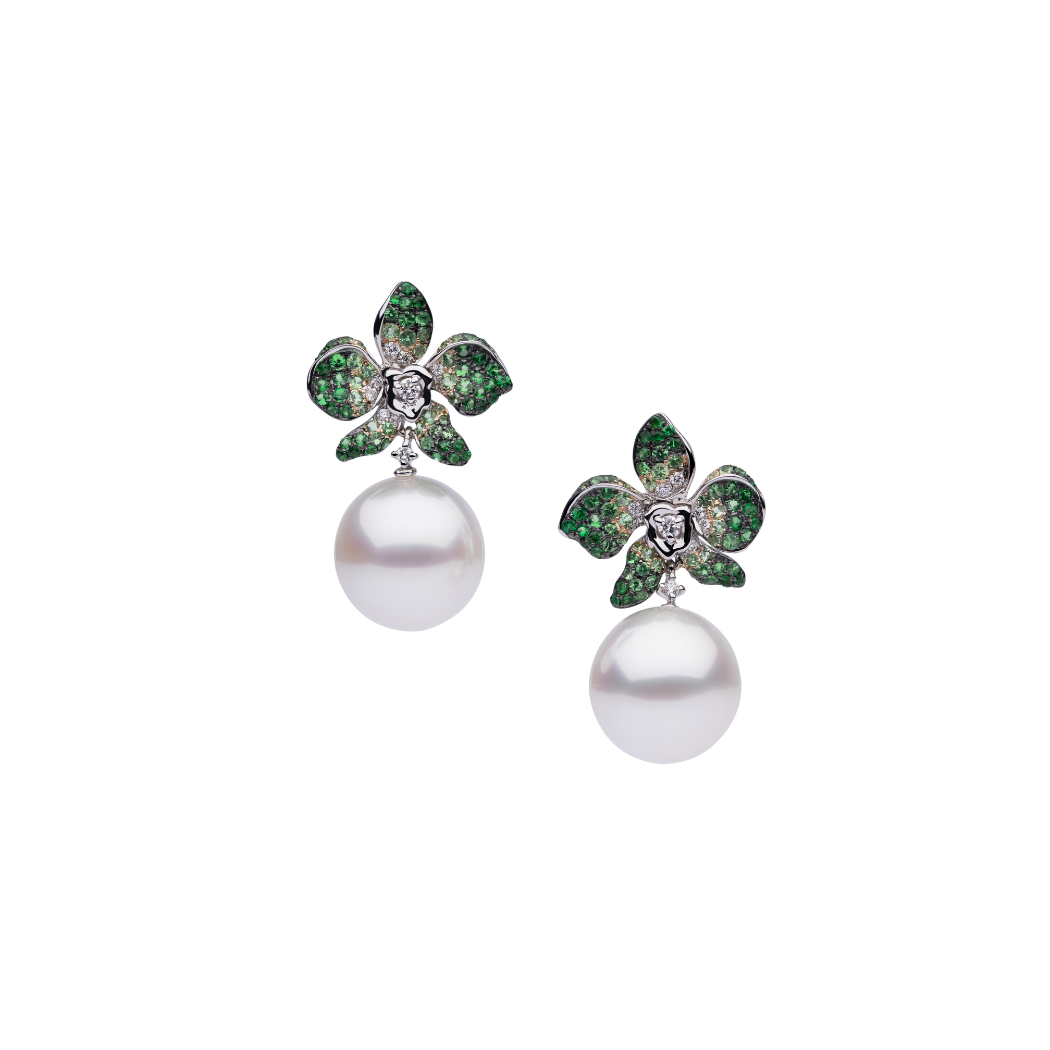 Autore Orchid Earring Featuring Tsavorites and White Diamonds set on 18kt white gold with an Australian South Sea Pearl
