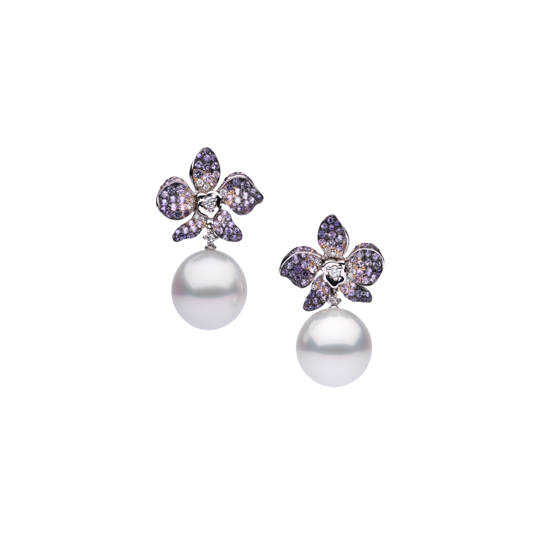 Autore Orchid Earrings featuring Violet Sapphires, White Diamonds and Australian South Sea Pearls