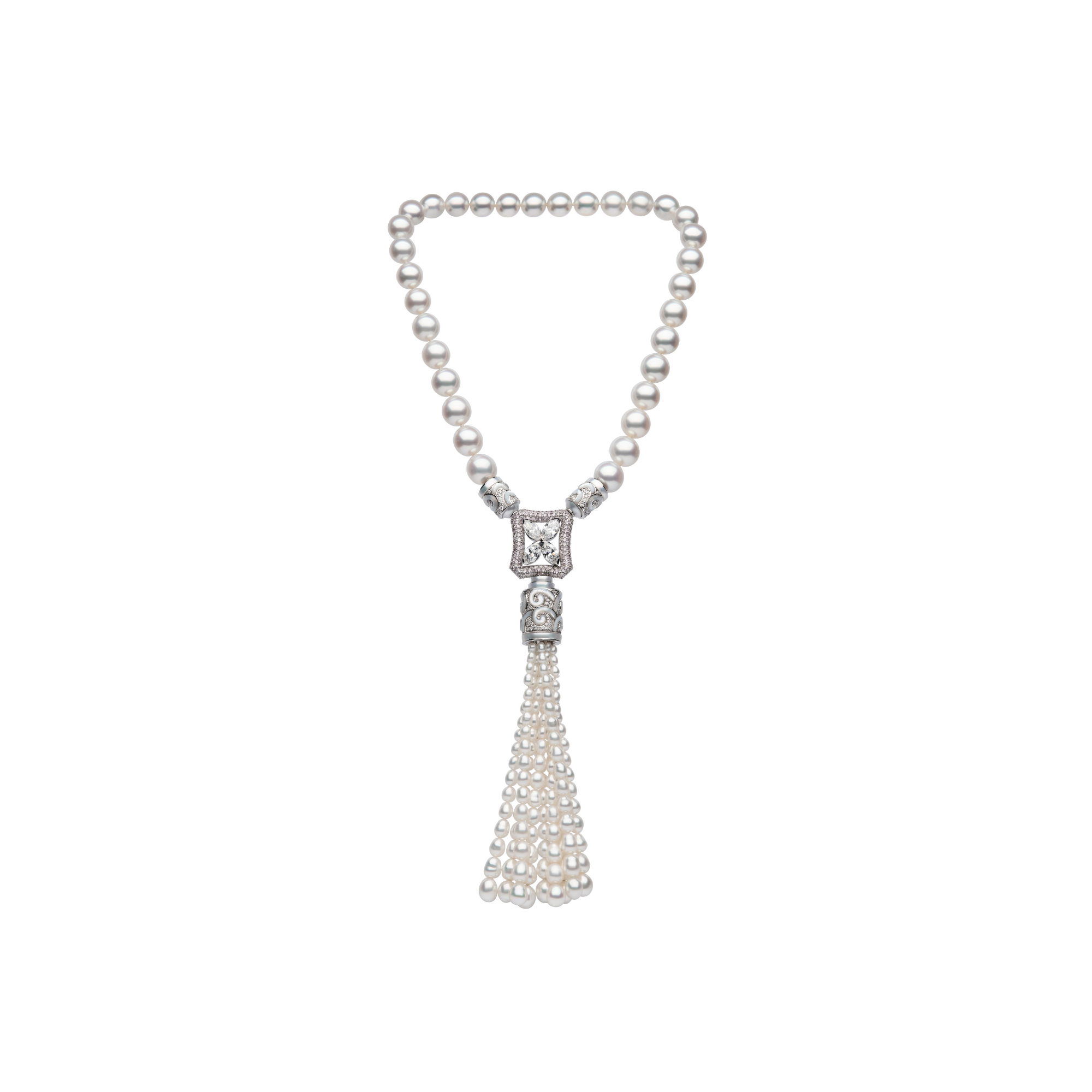 Autore Art Deco Tassel Necklace with South Sea pearls and white diamonds in 18kt white gold