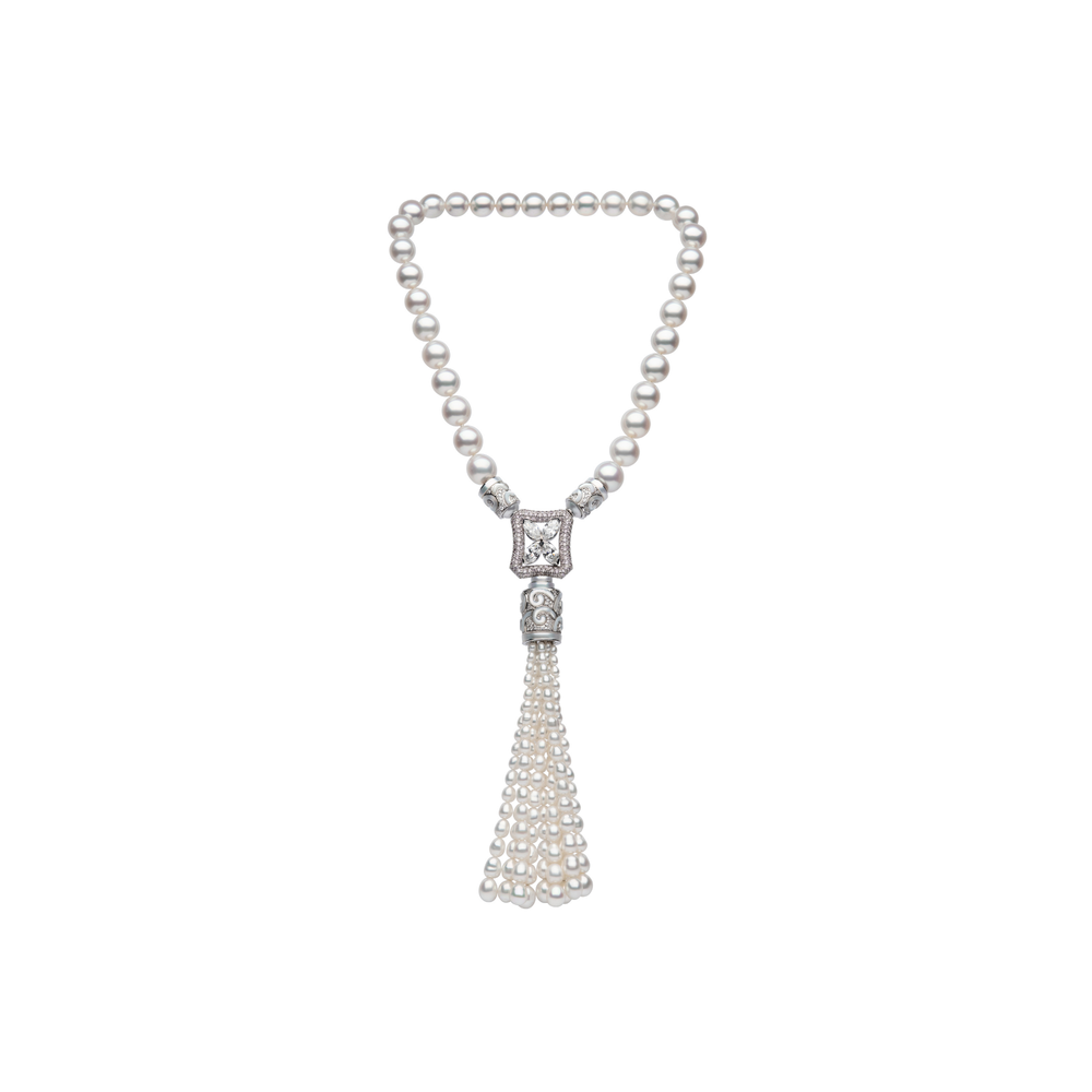 Autore Art Deco Tassel Necklace with South Sea pearls and white diamonds in 18ct white gold