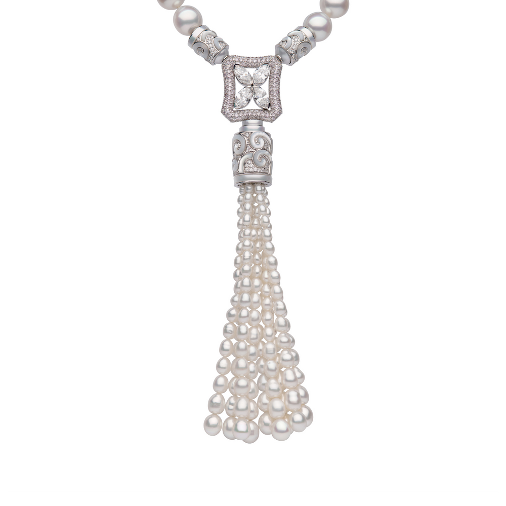 Close-up of the Autore Art Deco Tassel Necklace showing the diamond clasp and South Sea pearl tassel