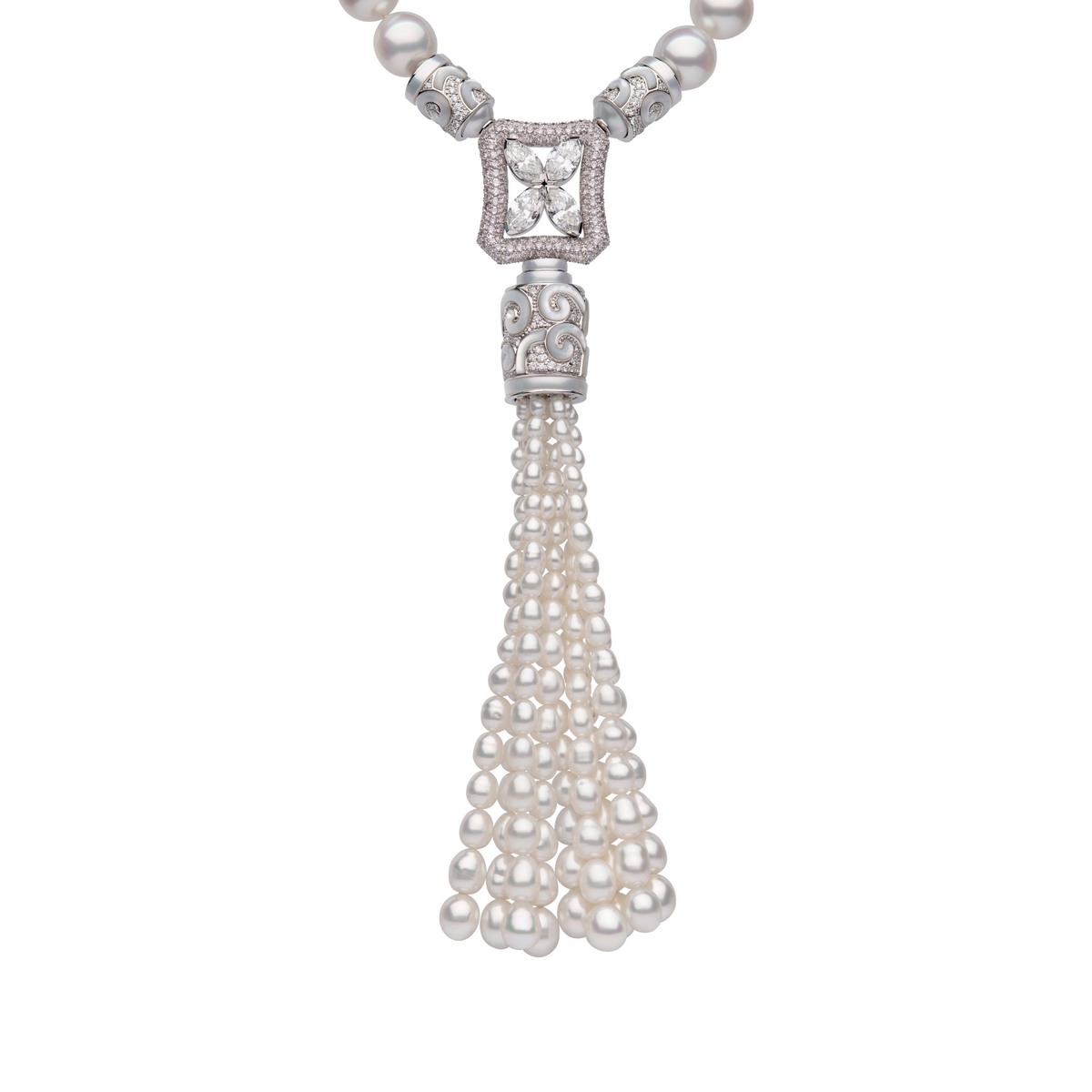 Close-up of the Autore Art Deco Tassel Necklace showing the diamond clasp and South Sea pearl tassel