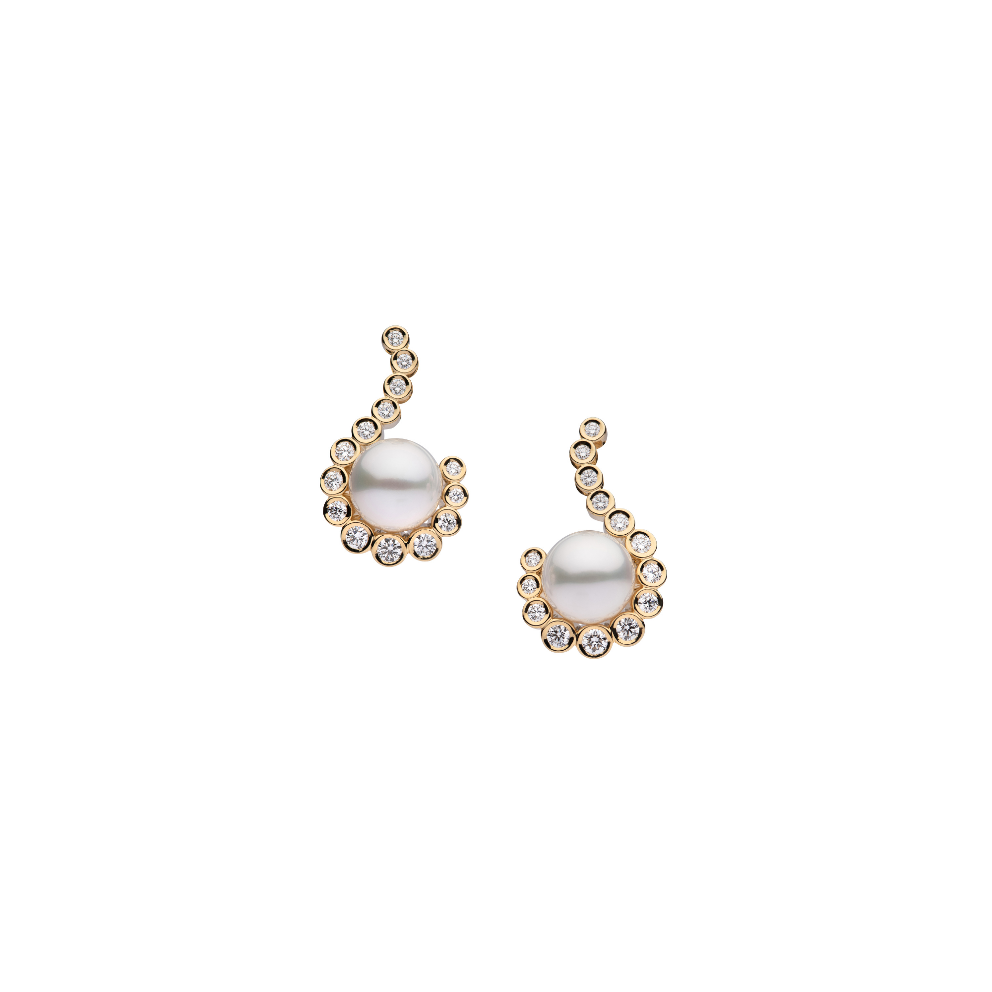 Autore Bezel Curve Drop Earrings with South Sea pearls and bezel-set white diamonds in 18kt yellow gold
