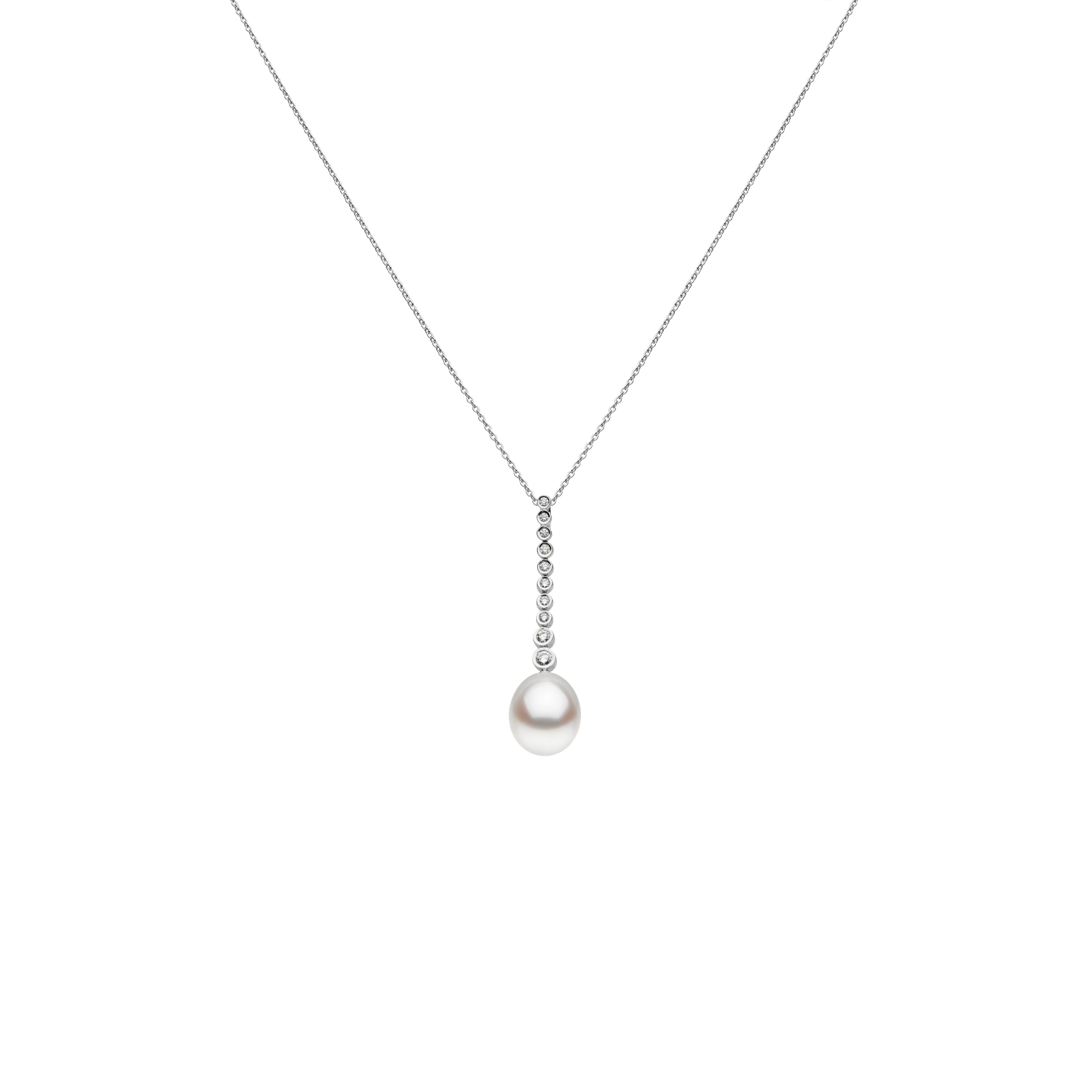 Autore Bezel Drop Pendant Necklace with bezel-set white diamonds and a South Sea pearl in 18kt white gold