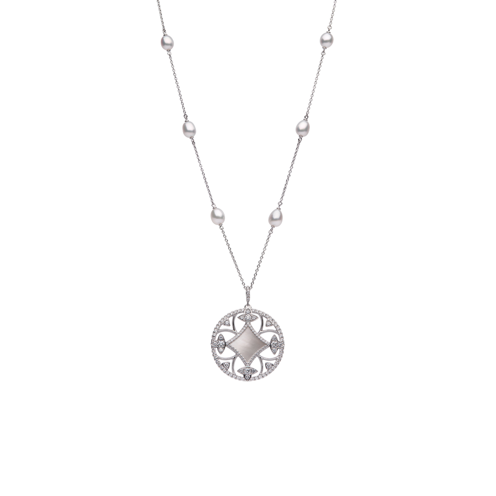 Autore Clover Mother of Pearl & Diamond Necklace with white diamonds and South Sea pearl stations in 18kt white gold