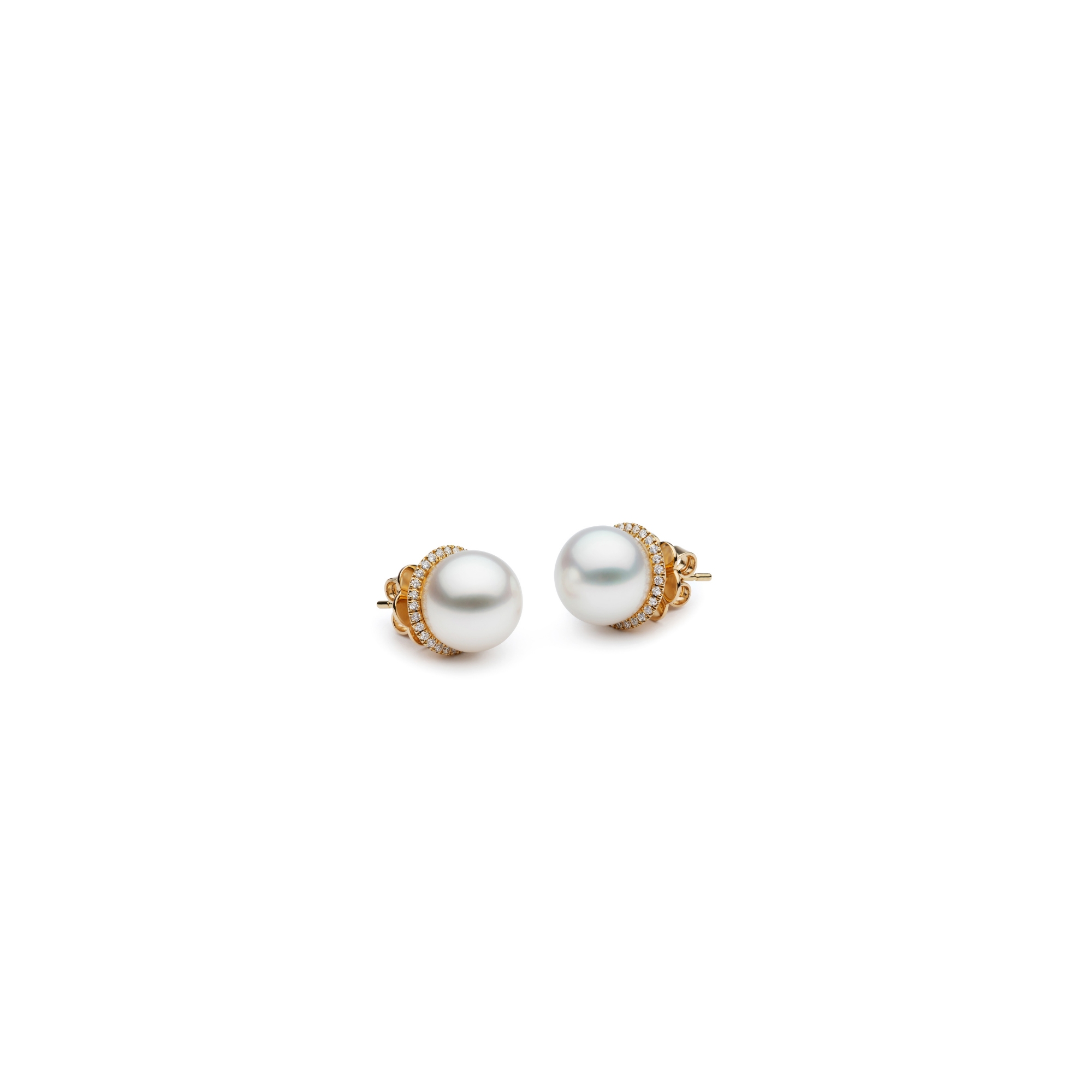 Autore Diamond Halo Studs with South Sea pearls and removable white diamond halos in 18kt yellow gold, front view