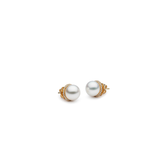 Autore Diamond Halo Studs with South Sea pearls and removable white diamond halos in 18kt yellow gold, front view