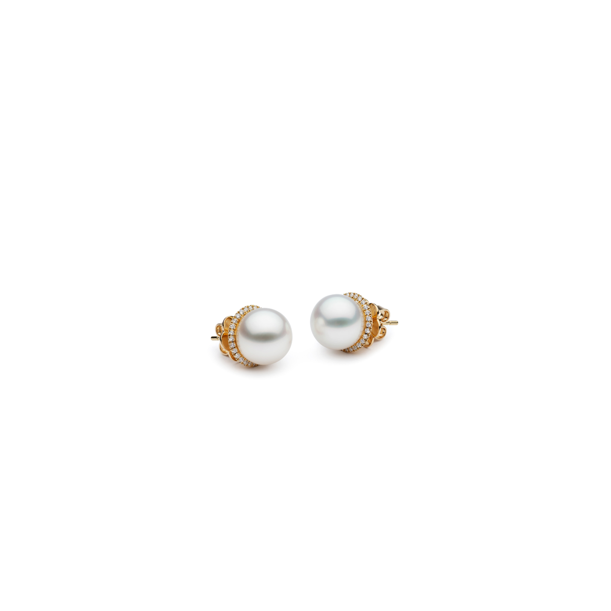 Autore Diamond Halo Studs with South Sea pearls and removable white diamond halos in 18kt yellow gold, front view