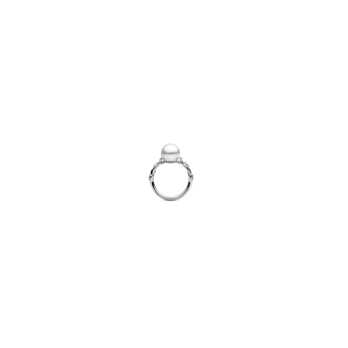 Front view of the Autore Hercules Knot Ring with a South Sea pearl and white diamonds in 18ct white gold