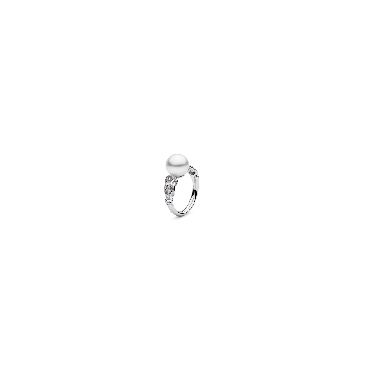Side view of the Autore Hercules Knot Ring showing the diamond knot detail in 18ct white gold