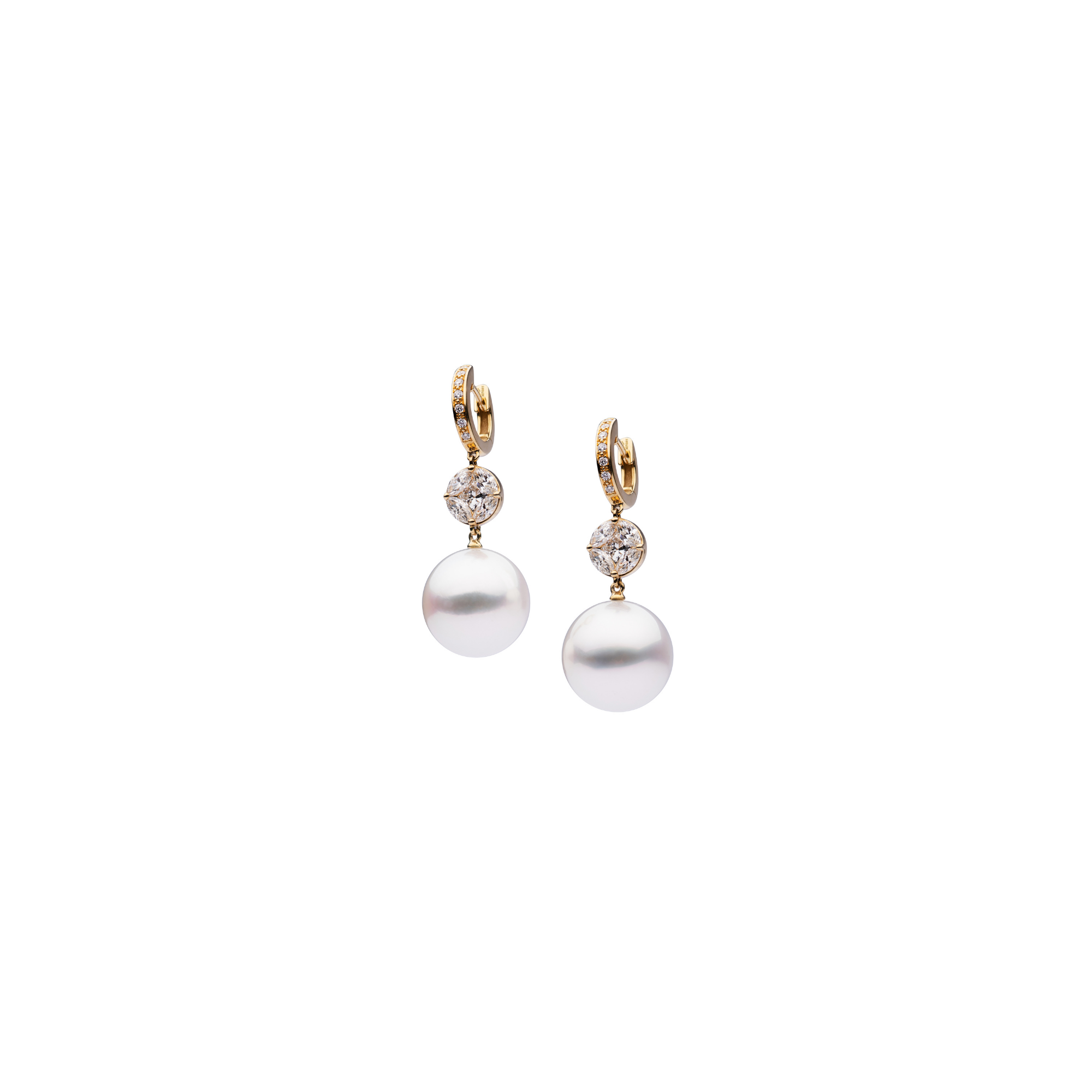 Autore Illusion Drop Earrings with white diamonds and South Sea pearls in 18kt yellow gold