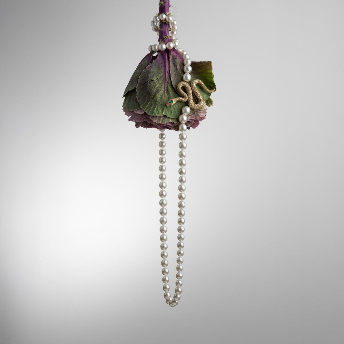 AUTORE Ophidia Couture Brooch with yellow diamonds and emeralds on a strand of South Sea pearls