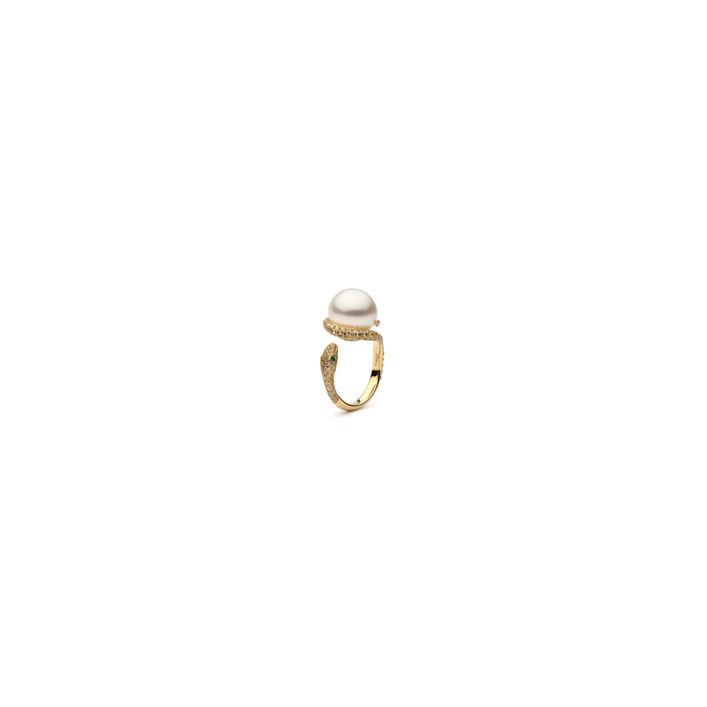 Autore Ophidia Diamond Coil Ring with a South Sea pearl and diamond-set serpent coil in 18ct yellow gold, front view