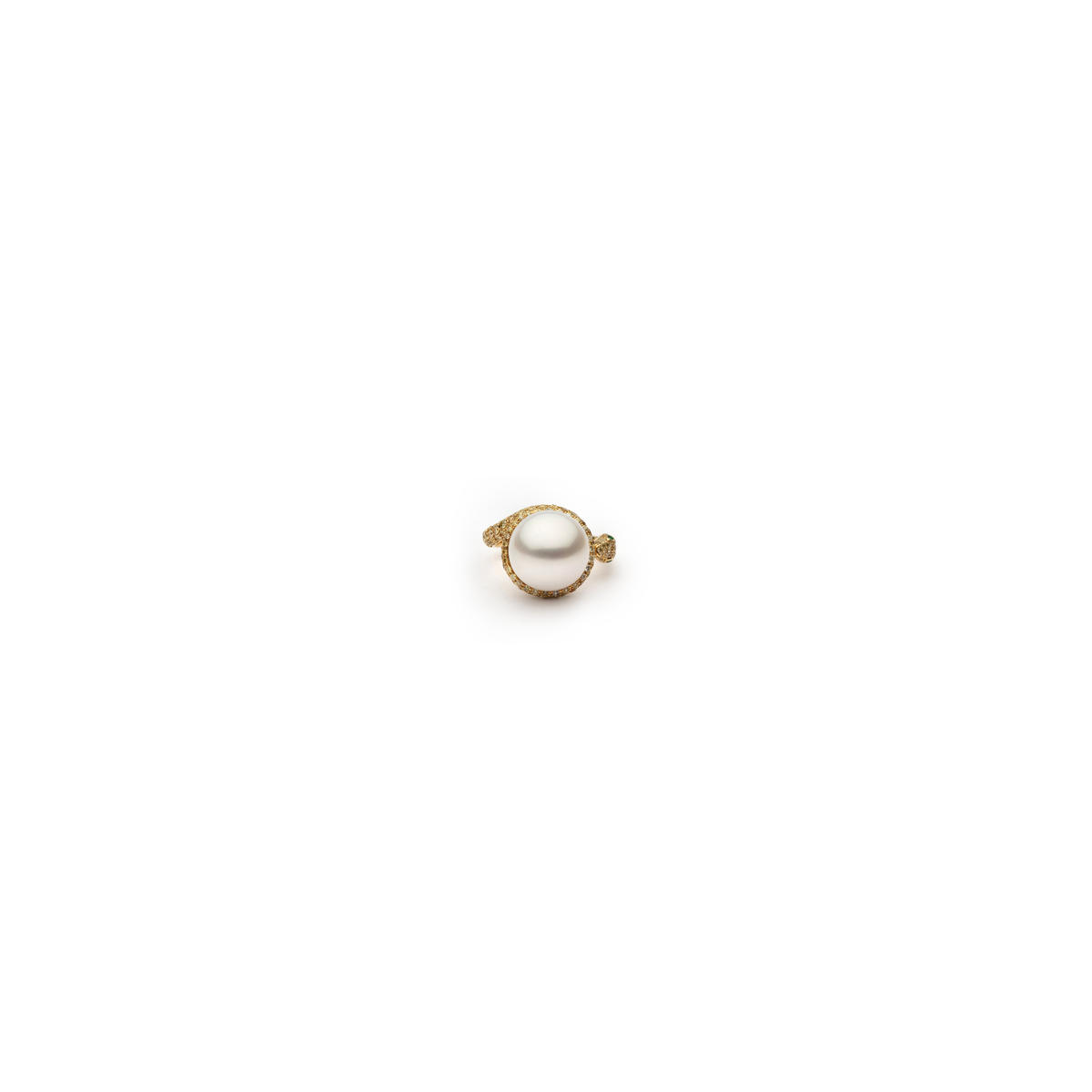 Top view of the Autore Ophidia Diamond Coil Ring with a South Sea pearl in 18ct yellow gold