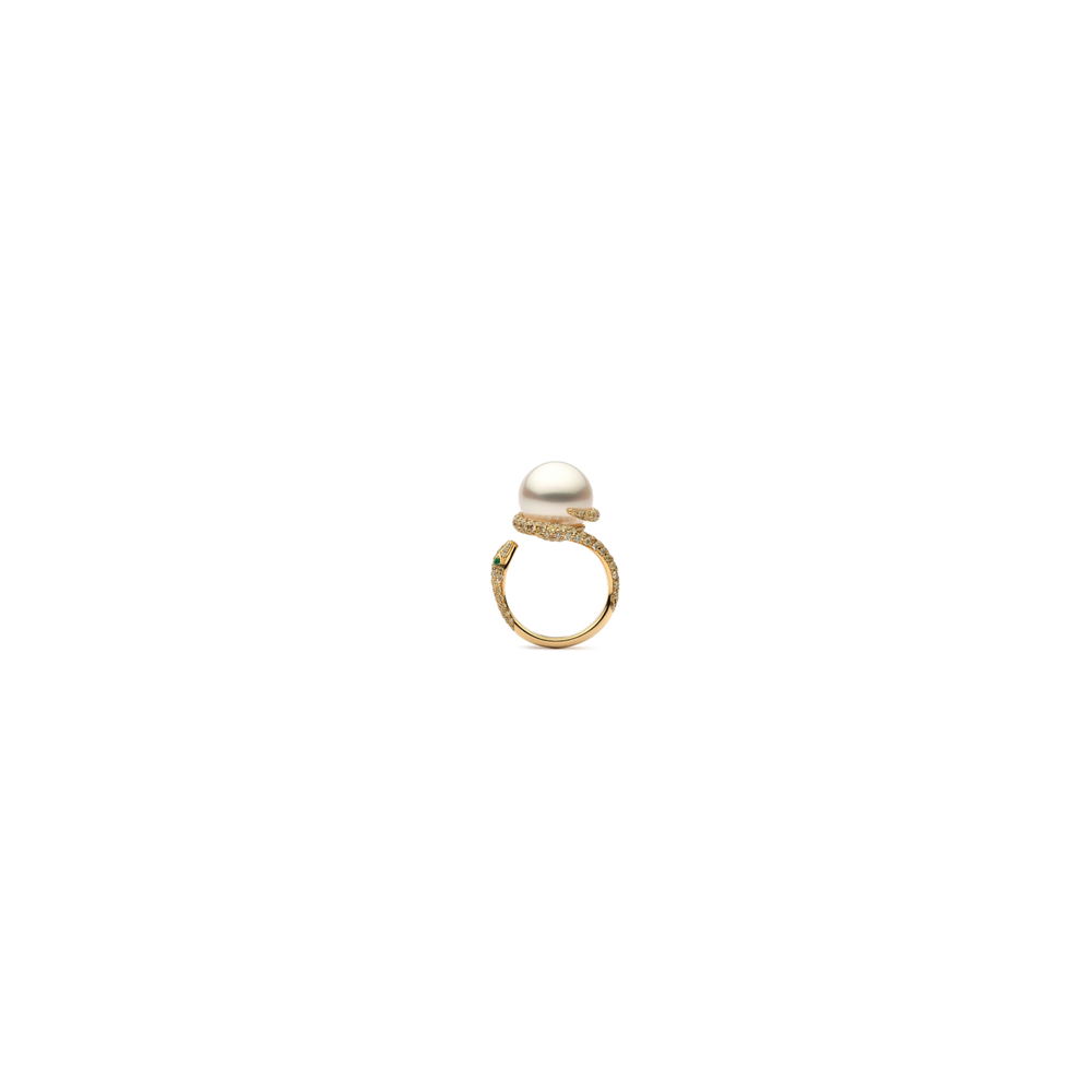 Side view of the Autore Ophidia Diamond Coil Ring with a South Sea pearl in 18ct yellow gold