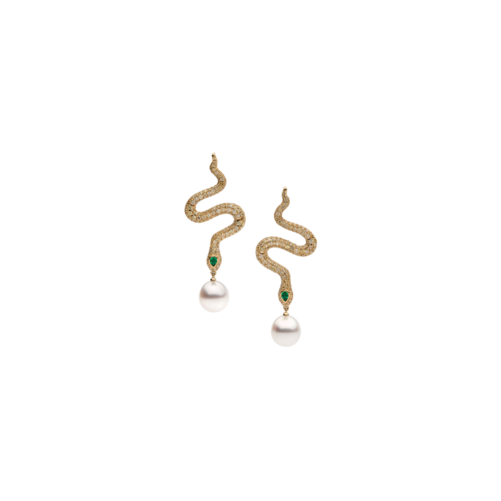 Autore Ophidia Diamond Earrings with diamonds, emeralds and South Sea pearls in 18ct yellow gold