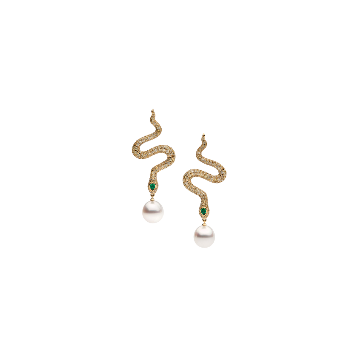Autore Ophidia Diamond Earrings with diamonds, emeralds and South Sea pearls in 18kt yellow gold