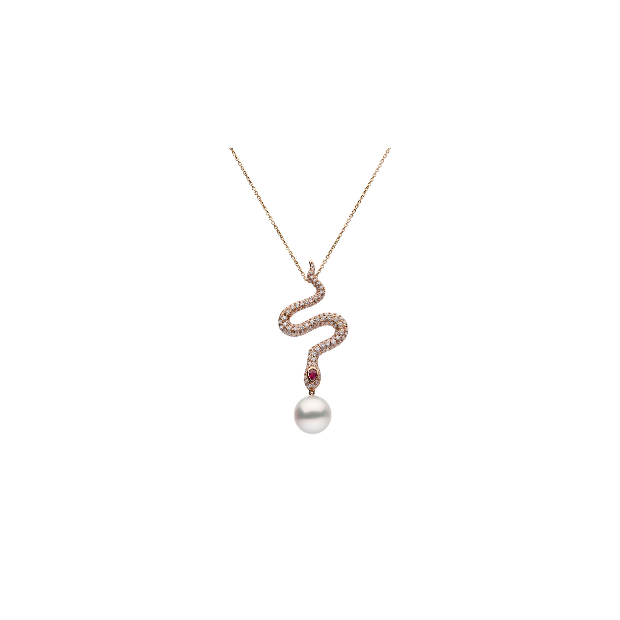 Autore Ophidia Diamond Necklace with a ruby and pavé diamonds and a South Sea pearl drop in 18kt rose gold