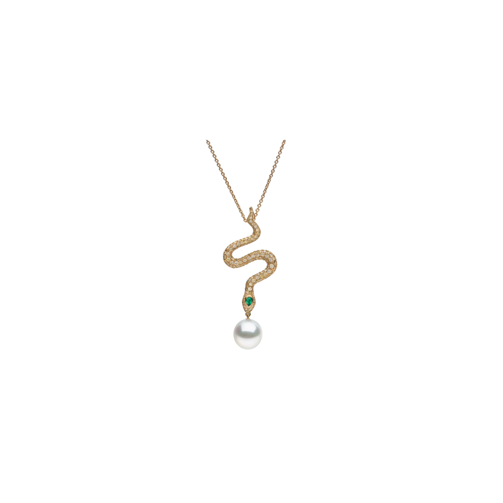 Autore Ophidia Diamond Necklace with an emerald and pavé diamonds and a South Sea pearl drop in 18ct yellow gold