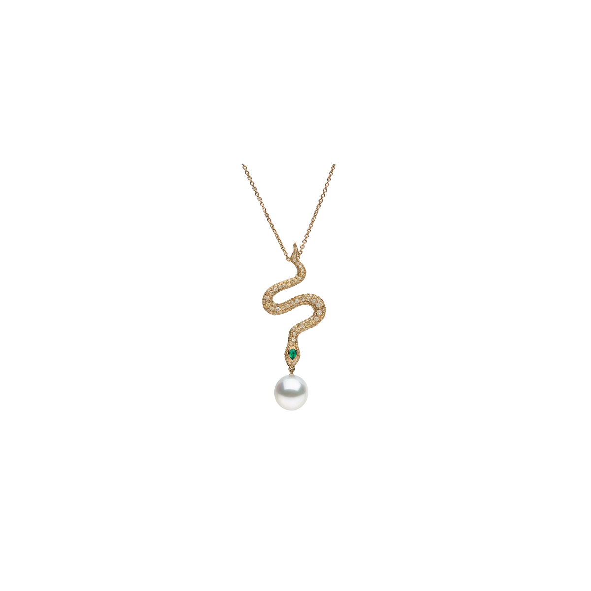 Autore Ophidia Diamond Necklace with an emerald and pavé diamonds and a South Sea pearl drop in 18kt yellow gold