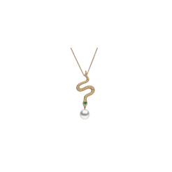 Autore Ophidia Diamond Necklace with an emerald and pavé diamonds and a South Sea pearl drop in 18kt yellow gold