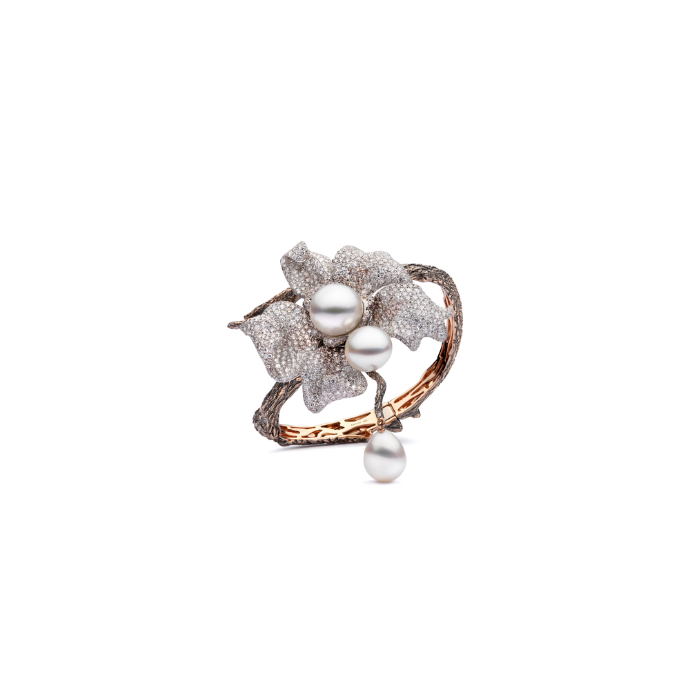 Autore Orchid Cuff with pavé white and pink diamonds and South Sea keshi pearls in 18ct gold