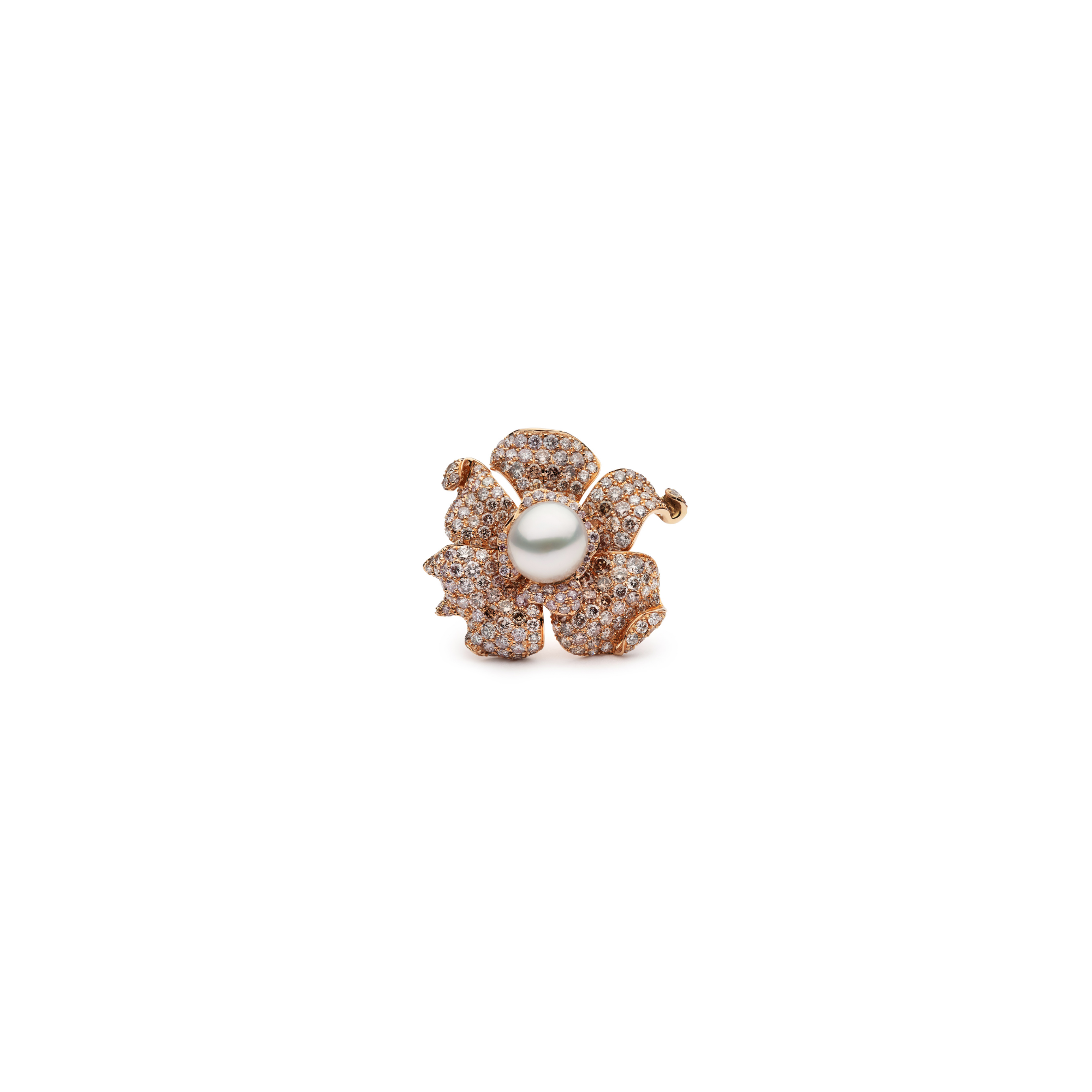 Top view of the Autore Orchid Diamond Cocktail Ring with pavé pink diamonds and a South Sea keshi pearl in 18kt rose gold