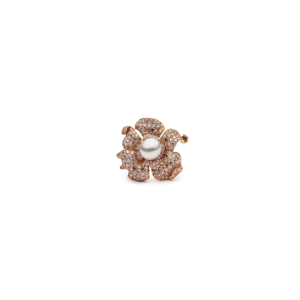 Top view of the Autore Orchid Diamond Cocktail Ring with pavé pink diamonds and a South Sea keshi pearl in 18ct rose gold