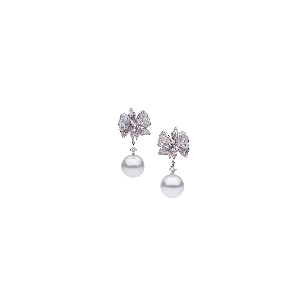 Autore Orchid Long Earrings with pavé white diamonds and South Sea pearls in 18ct white gold