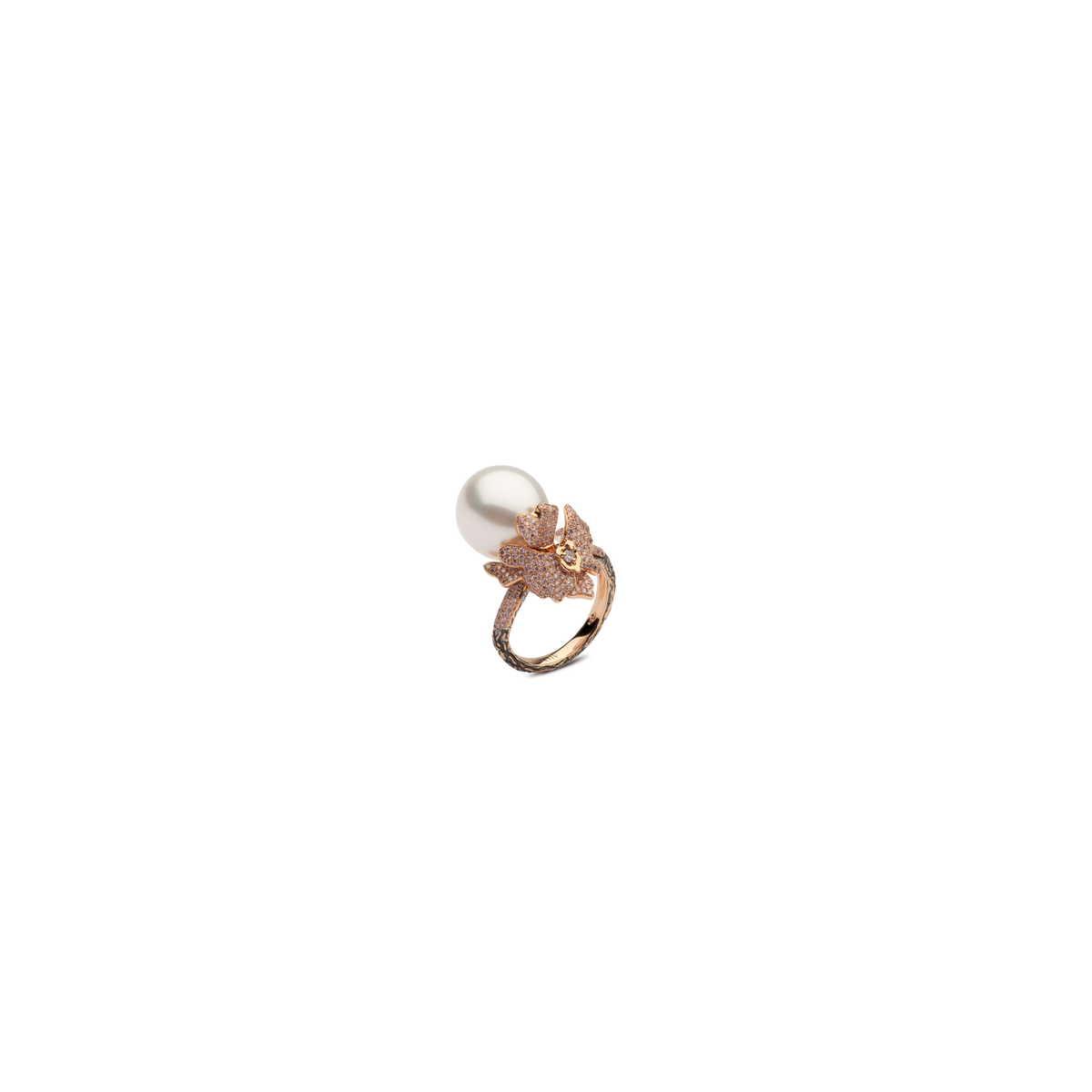 Autore Orchid Ring with pavé pink diamonds and a South Sea pearl in 18kt rose gold, angled view