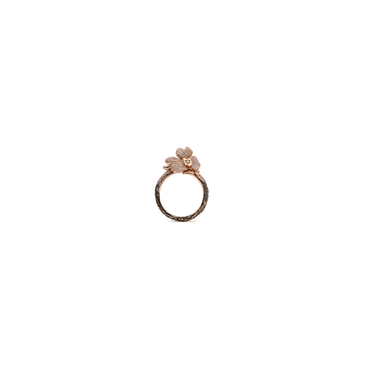 Front view of the Autore Orchid Ring with pavé pink diamonds in 18ct rose gold