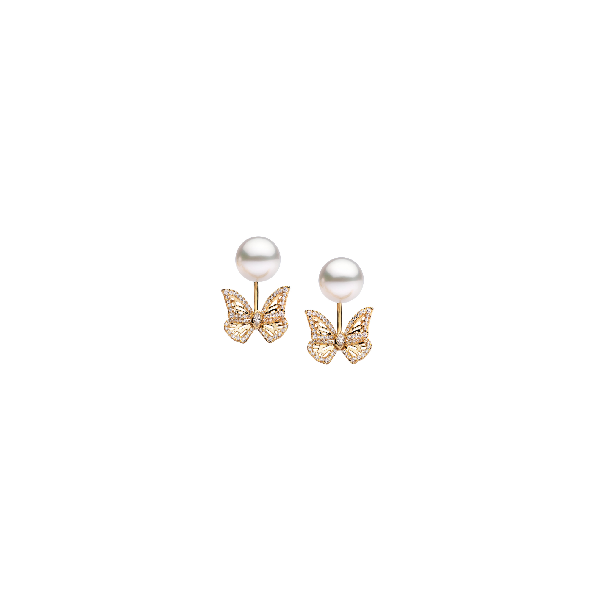 Autore Papillon Four Wing Earrings with South Sea pearls and white diamond butterfly wings in 18kt yellow gold