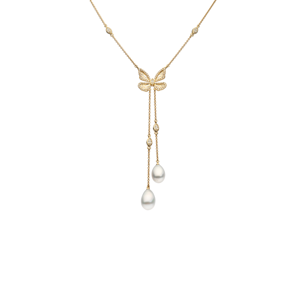 Autore Papillon Four Wing Lariat with a white diamond butterfly and South Sea pearl drops in 18kt yellow gold