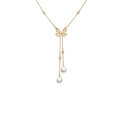 Autore Papillon Four Wing Lariat with a white diamond butterfly and South Sea pearl drops in 18kt yellow gold