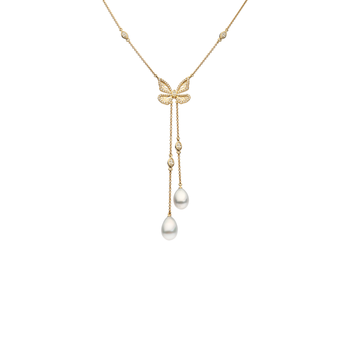 Autore Papillon Four Wing Lariat with a white diamond butterfly and South Sea pearl drops in 18kt yellow gold