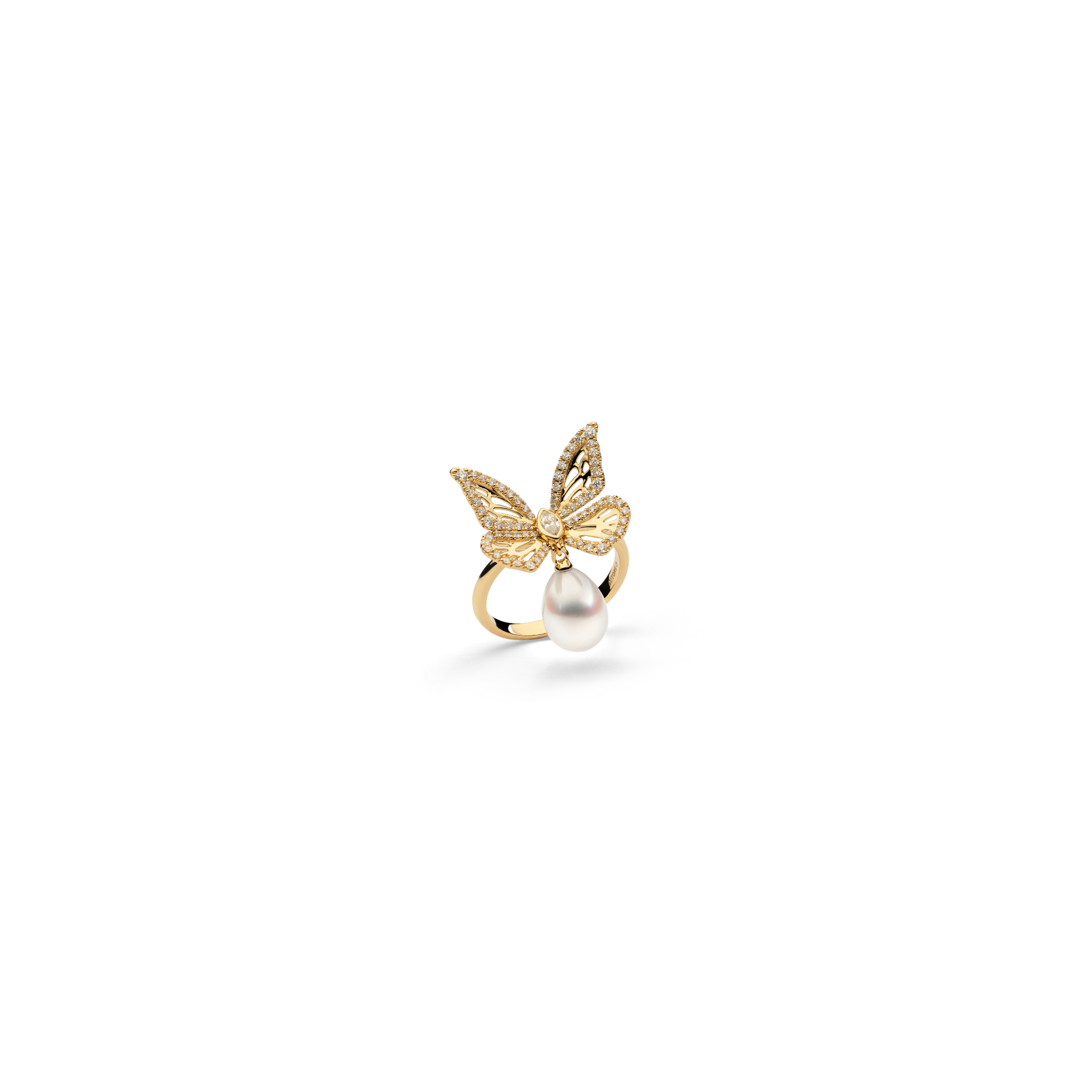Autore Papillon Four Wing Ring with a white diamond butterfly and South Sea pearl in 18kt yellow gold