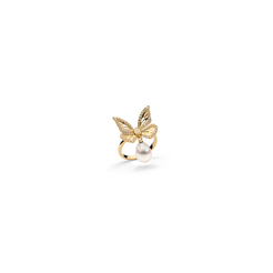 Autore Papillon Four Wing Ring with a white diamond butterfly and South Sea pearl in 18kt yellow gold