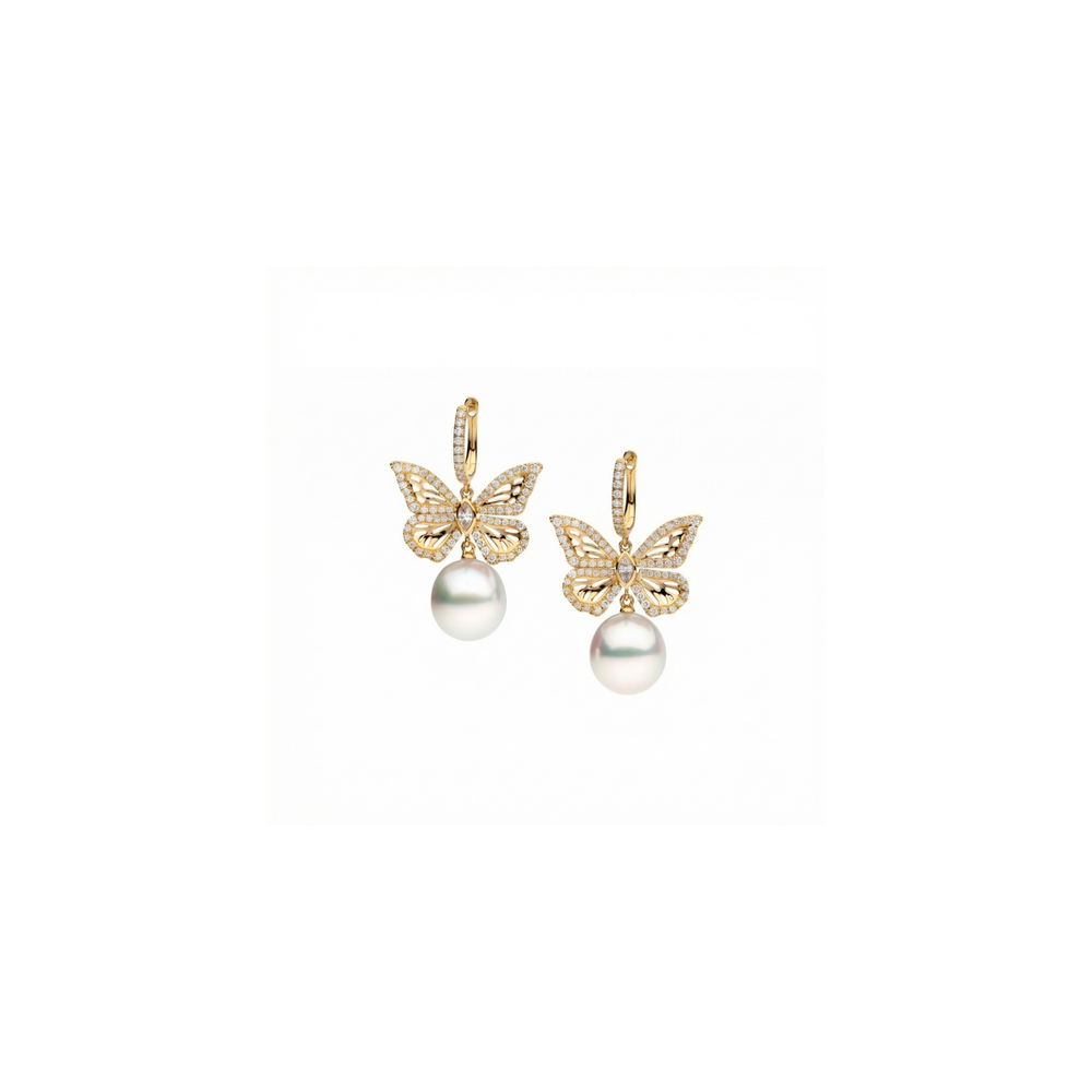 Autore Papillon Four Winged Diamond Huggies with South Sea pearls and white diamond butterflies in 18kt yellow gold