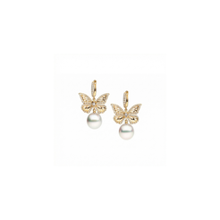 Autore Papillon Four Winged Diamond Huggies with South Sea pearls and white diamond butterflies in 18kt yellow gold
