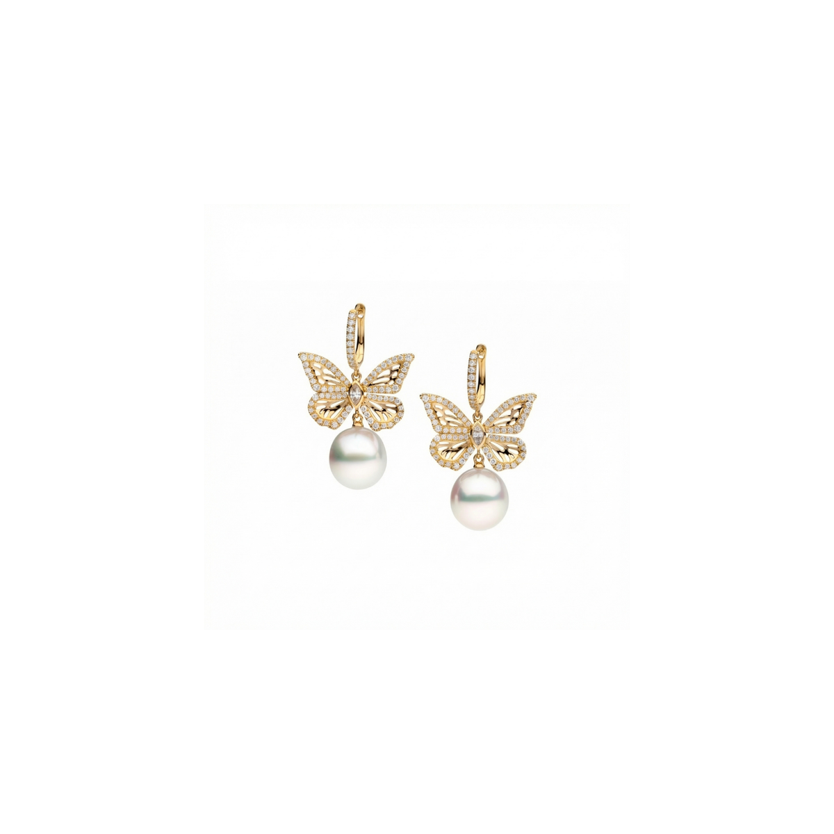 Autore Papillon Four Winged Diamond Huggies with South Sea pearls and white diamond butterflies in 18kt yellow gold