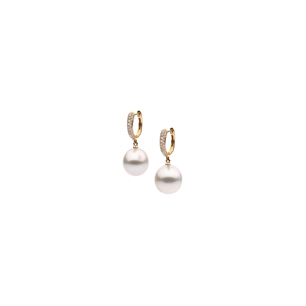 Autore Serenity Pave Tapered Huggies with white diamonds and South Sea pearls in 18kt yellow gold