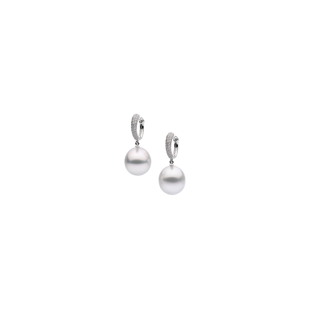 Autore Serenity Pave Tapered Huggies with white diamonds and South Sea pearls in 18kt white gold