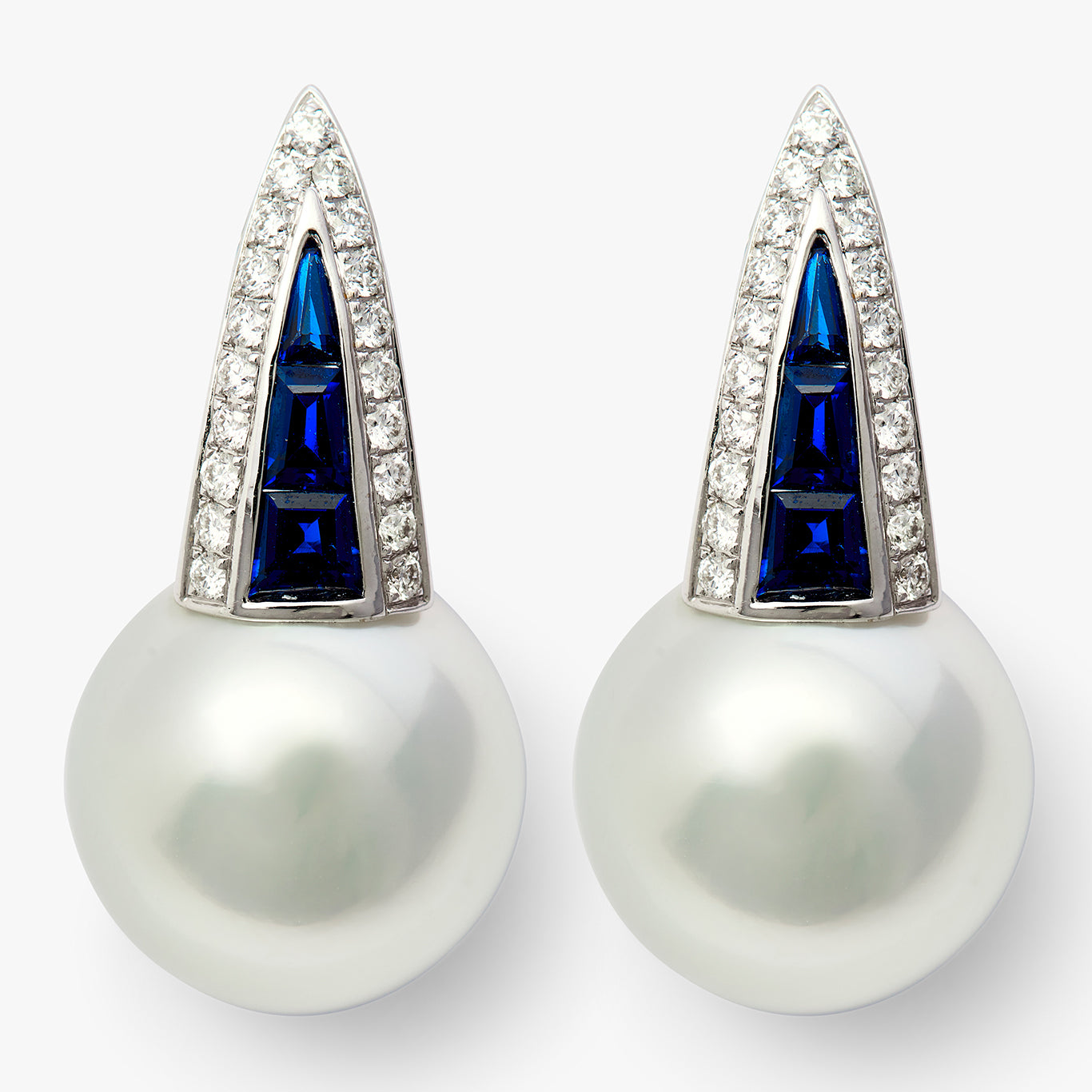 Autore Deco Earring featuring Blue Sapphires, White Diamonds and Australian South Sea pearls set on 18kt White Gold