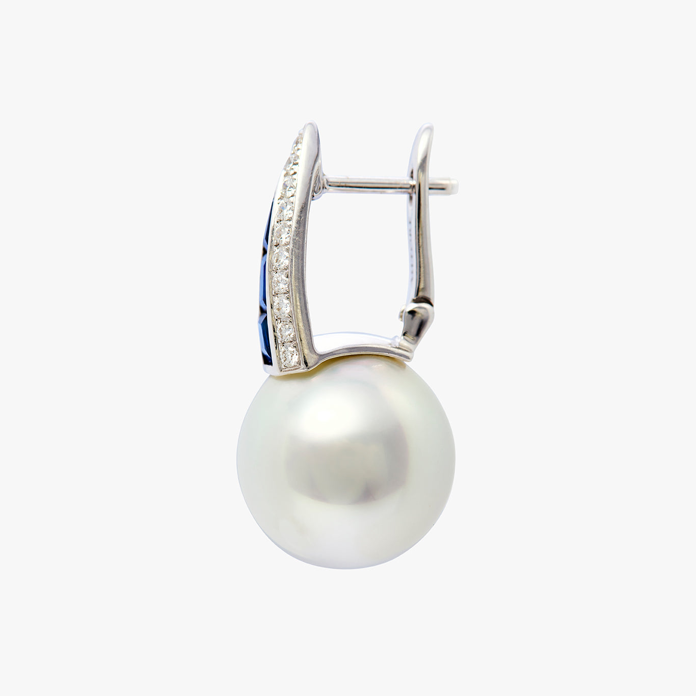 Autore Deco Earring in Blue Sapphire White Diamond and South Sea Pearl on 18kt white gold side angle