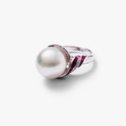 Close-up detail of the Autore South Sea pearl ring in 18kt white gold with ruby and white diamond accents